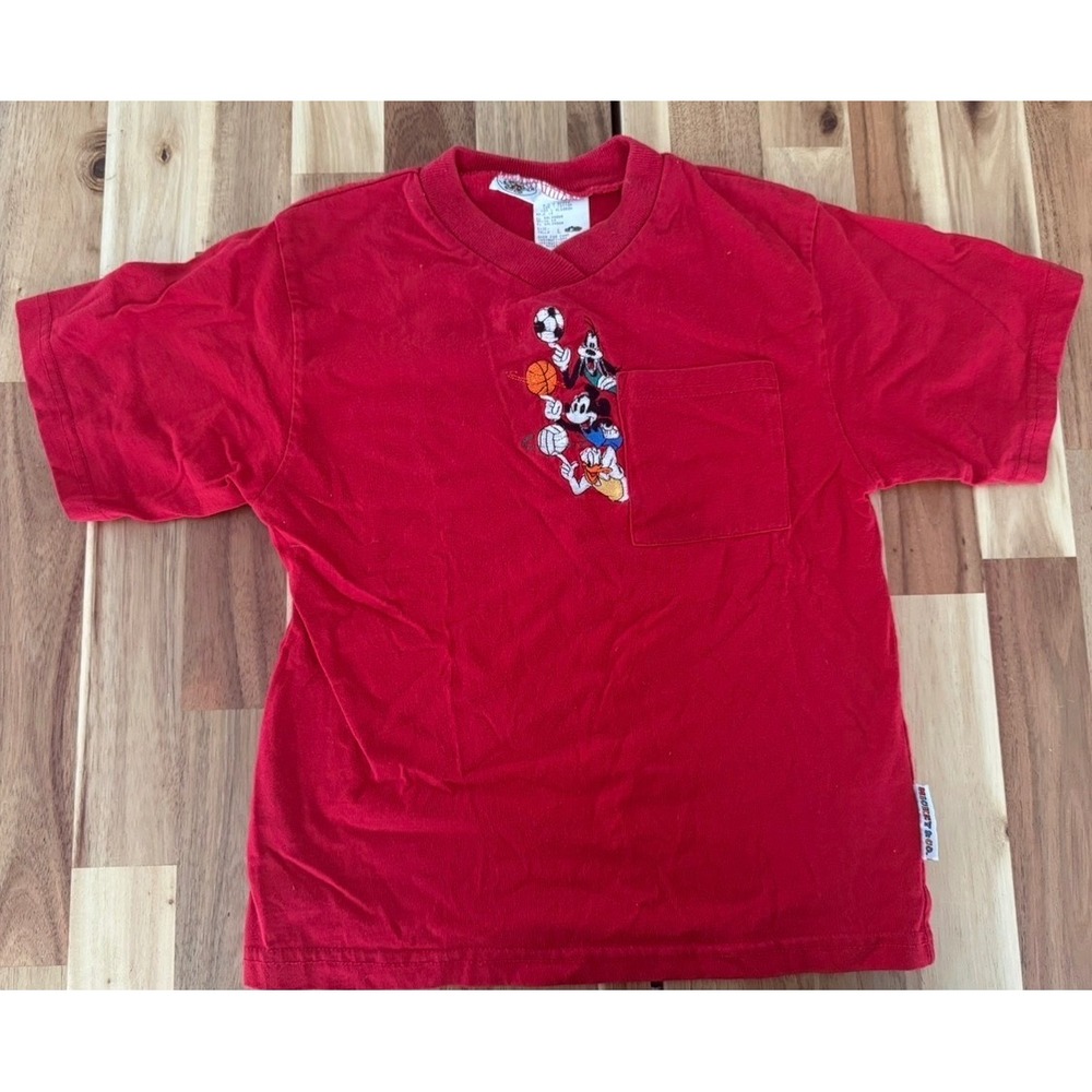 Vintage Mickey & Co Disney Sports Embroidered Pocket T-Shirt Red Kids Large